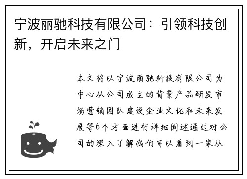 宁波丽驰科技有限公司：引领科技创新，开启未来之门