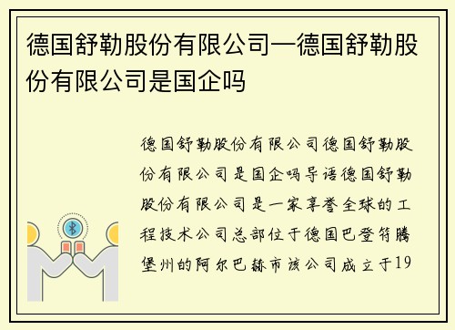 德国舒勒股份有限公司—德国舒勒股份有限公司是国企吗