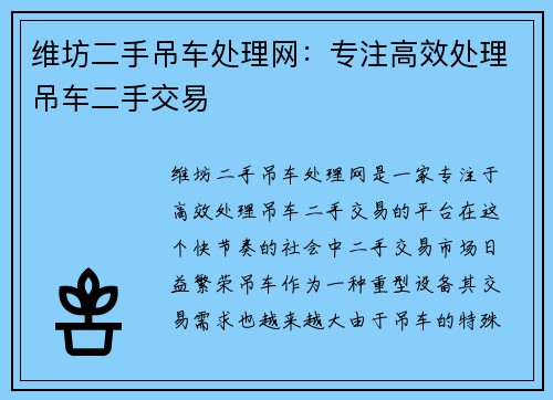 维坊二手吊车处理网：专注高效处理吊车二手交易